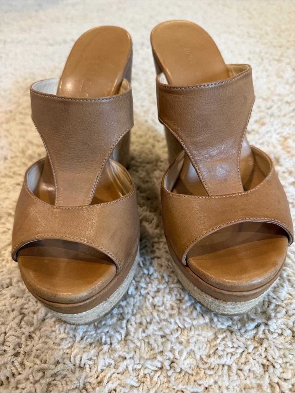 Jimmy Choo Cognac Leather Wedge Slide Sandals